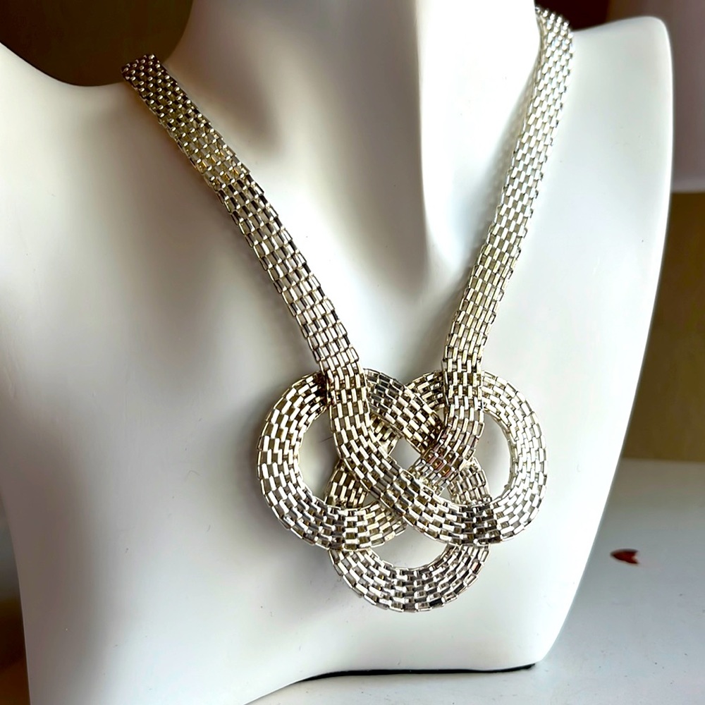 Vintage Silver Mesh Gordian Knot Necklace, 17” adj